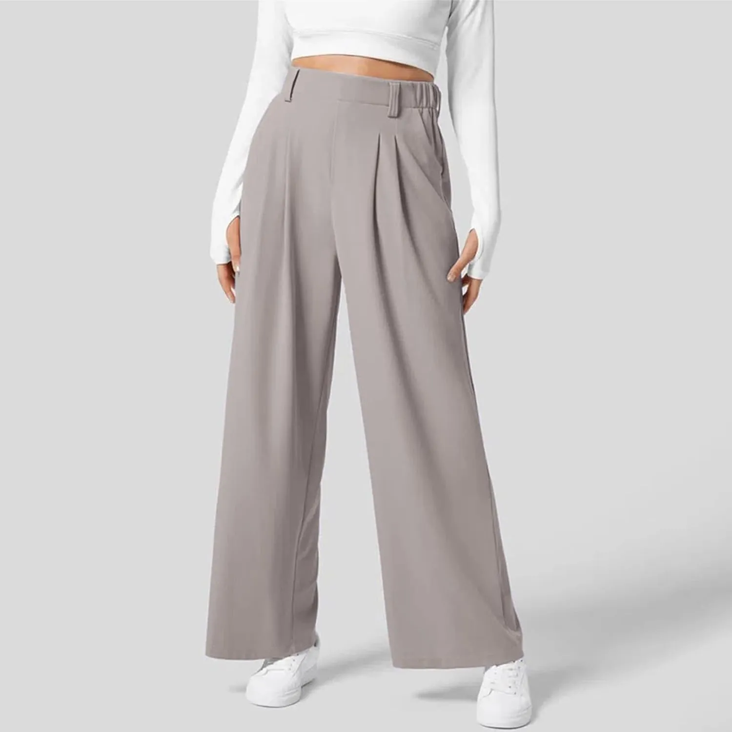 Wide Leg Pants for Women Waffle Knit Casual Palazzo Elastic High Waist Pants Baggy Flowy Dress Trousers with Pockets