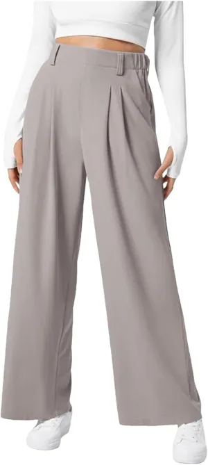Wide Leg Pants for Women Waffle Knit Casual Palazzo Elastic High Waist Pants Baggy Flowy Dress Trousers with Pockets