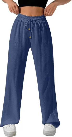 Wide Leg Pants Women Casual Linen Pants Drawstring Elastic Waist Summer Cute Pant Lounge Trouser with Pockets
