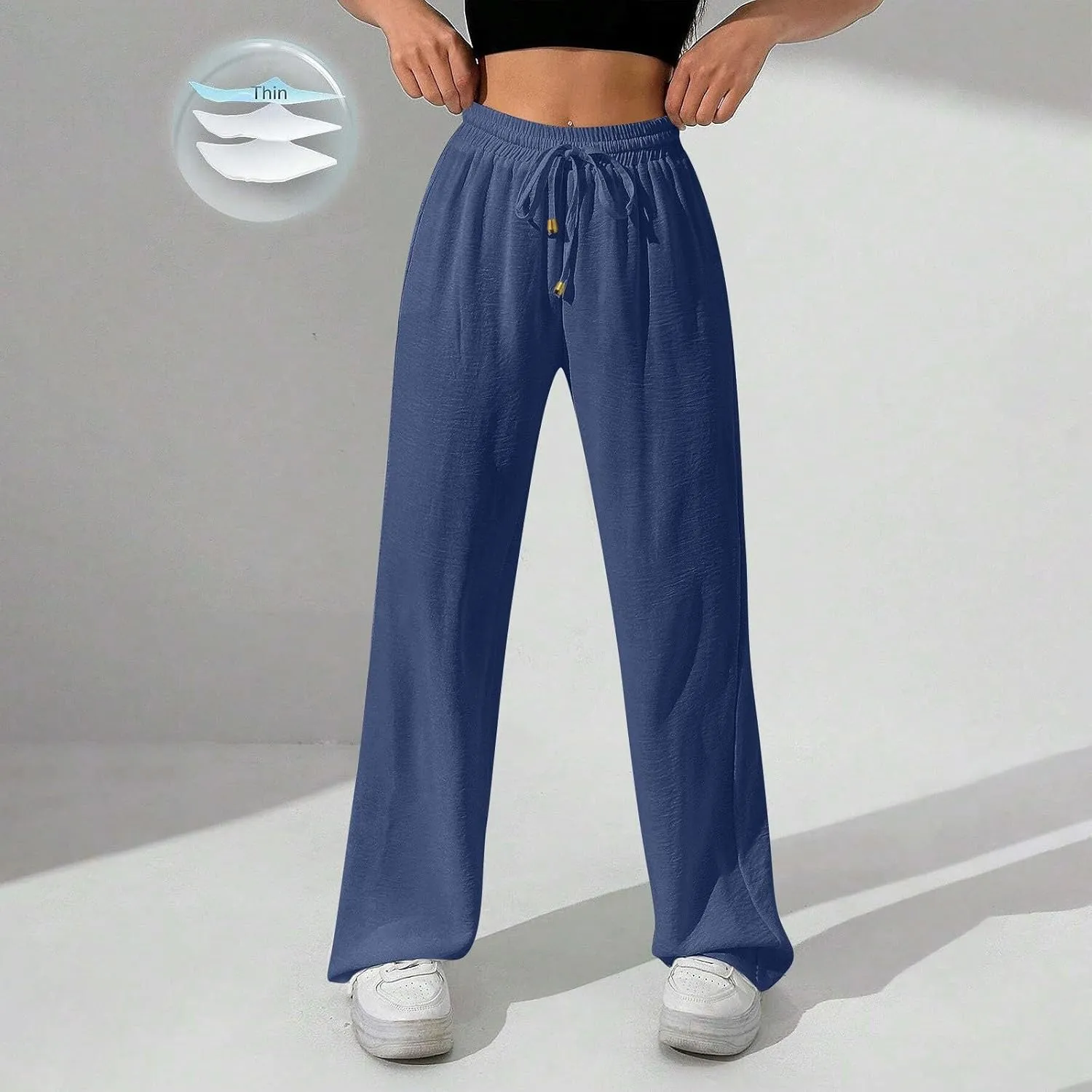 Wide Leg Pants Women Casual Linen Pants Drawstring Elastic Waist Summer Cute Pant Lounge Trouser with Pockets