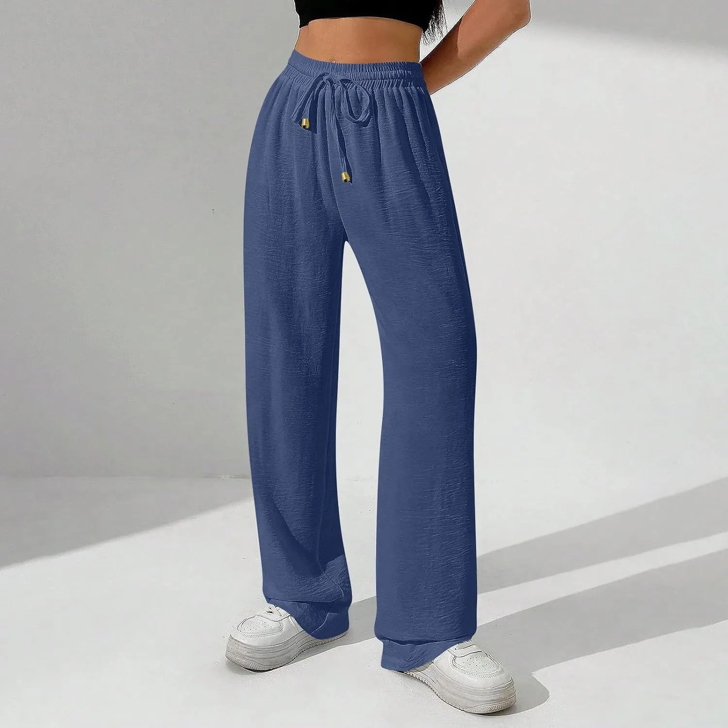 Wide Leg Pants Women Casual Linen Pants Drawstring Elastic Waist Summer Cute Pant Lounge Trouser with Pockets