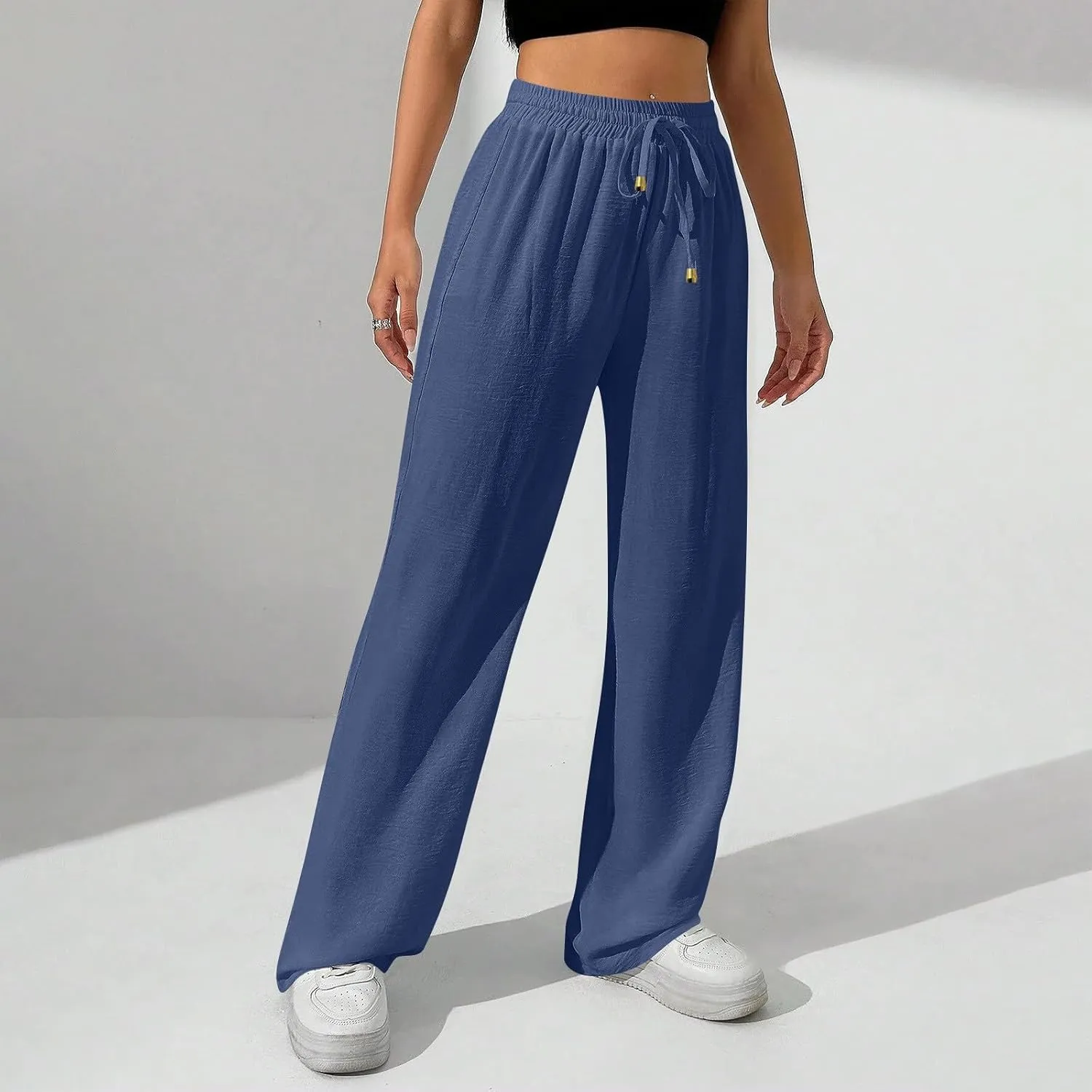 Wide Leg Pants Women Casual Linen Pants Drawstring Elastic Waist Summer Cute Pant Lounge Trouser with Pockets