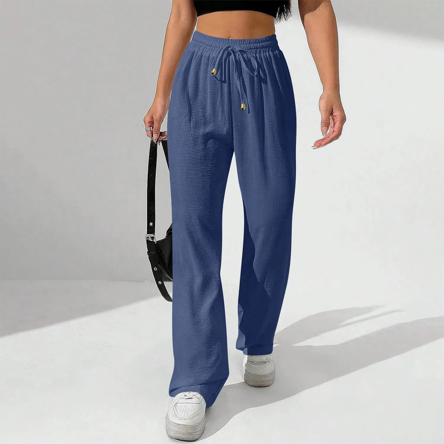 Wide Leg Pants Women Casual Linen Pants Drawstring Elastic Waist Summer Cute Pant Lounge Trouser with Pockets
