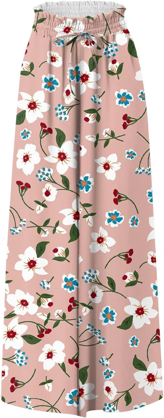 Wide Leg Slacks for Women,Summer Boho Beach Palazzo Pants Floral Print Casual Flowy Loose Lounge Trouser with Pocket