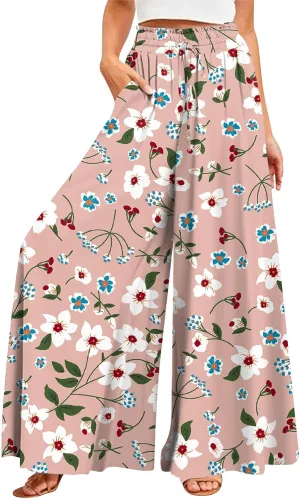 Wide Leg Slacks for Women,Summer Boho Beach Palazzo Pants Floral Print Casual Flowy Loose Lounge Trouser with Pocket