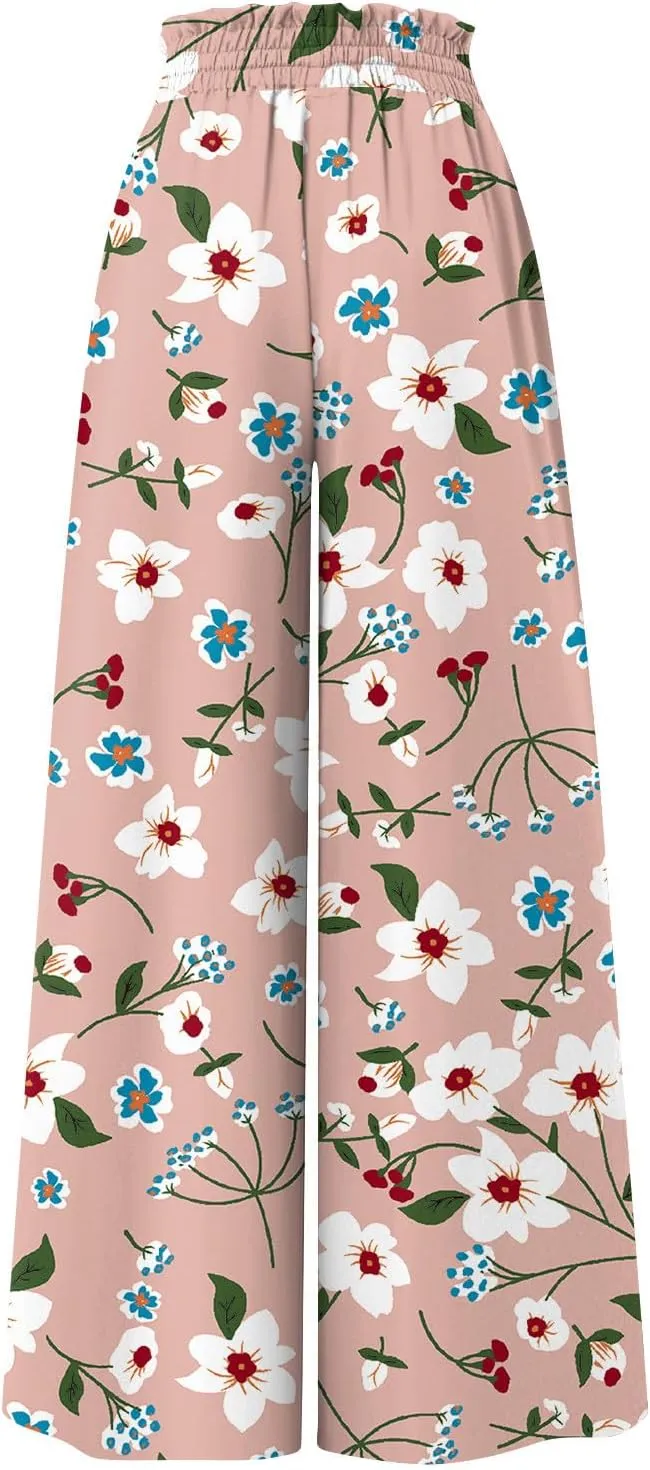 Wide Leg Slacks for Women,Summer Boho Beach Palazzo Pants Floral Print Casual Flowy Loose Lounge Trouser with Pocket