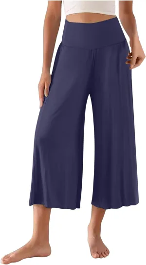 Wide Leg Yoga Capris for Women Casual Loose Soft Cropped Lounge Pant Trousers High Waist Flowy Yoga Pants