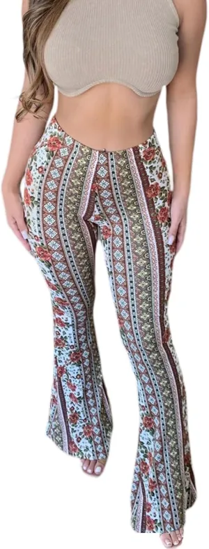 Winioder Women Boho Flare Pants High Waisted Stretch Bell Bottom Yoga Pants Hippie Flared Leggings 70s Wide Leg Palazzo Pants
