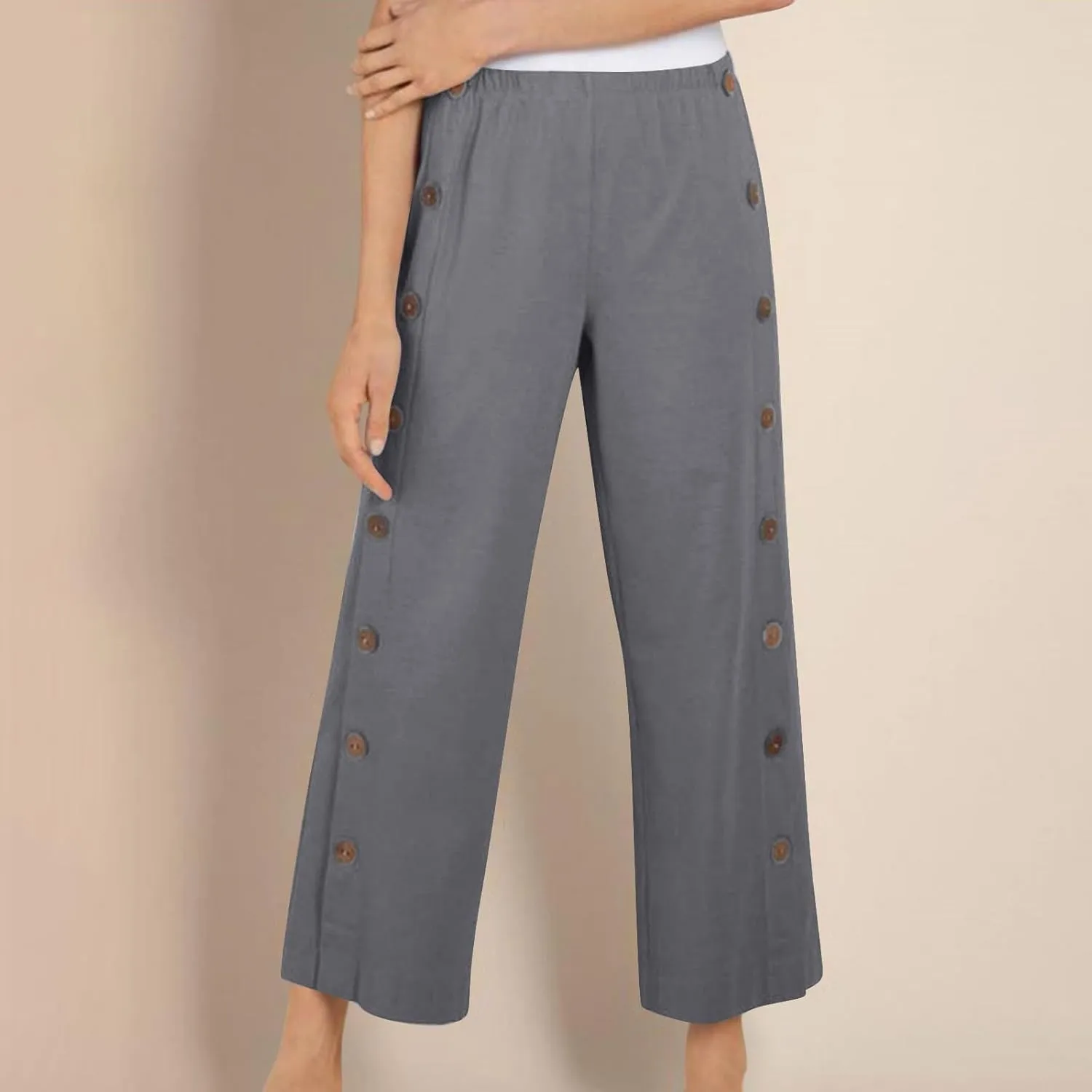 Women 2025 Summer Cotton Linen Pants High Waisted Wide Leg Trousers Trendy Side Button Elastic Waist Pants