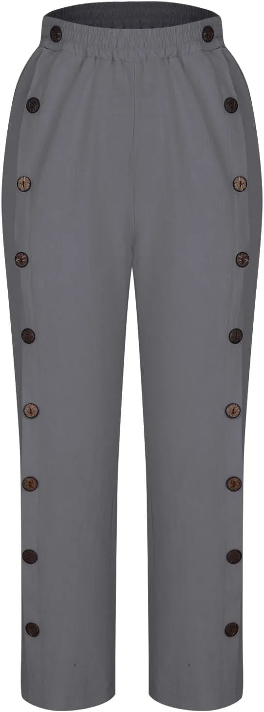 Women 2025 Summer Cotton Linen Pants High Waisted Wide Leg Trousers Trendy Side Button Elastic Waist Pants