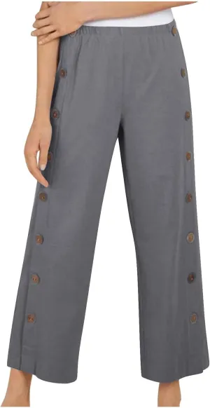 Women 2025 Summer Cotton Linen Pants High Waisted Wide Leg Trousers Trendy Side Button Elastic Waist Pants