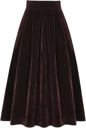 Women Blue Velour A Line Skirt Vintage High Waist Pocket Pleated Casual Long Midi Skirts