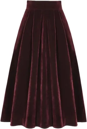 Women Blue Velour A Line Skirt Vintage High Waist Pocket Pleated Casual Long Midi Skirts