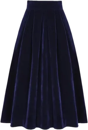 Women Blue Velour A Line Skirt Vintage High Waist Pocket Pleated Casual Long Midi Skirts