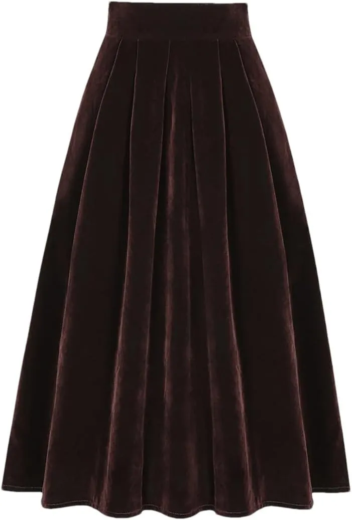 Women Blue Velour A Line Skirt Vintage High Waist Pocket Pleated Casual Long Midi Skirts
