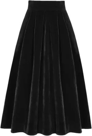 Women Blue Velour A Line Skirt Vintage High Waist Pocket Pleated Casual Long Midi Skirts