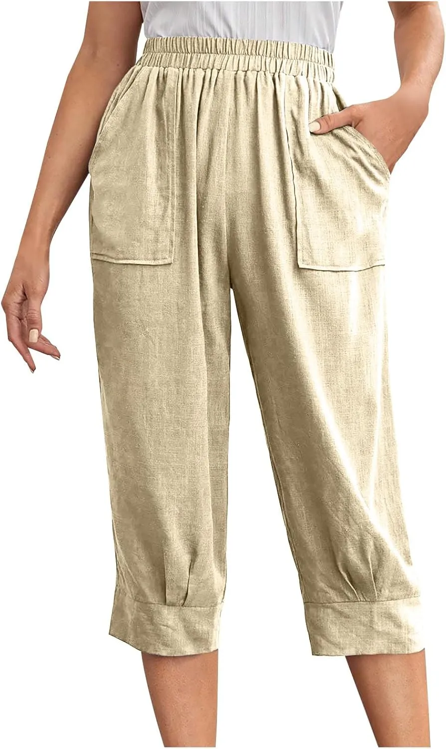 Women Capri Pants Fashion Casual Color Elastic Loose Pants Straight Wide Leg Trousers Vacation Outfits for Women