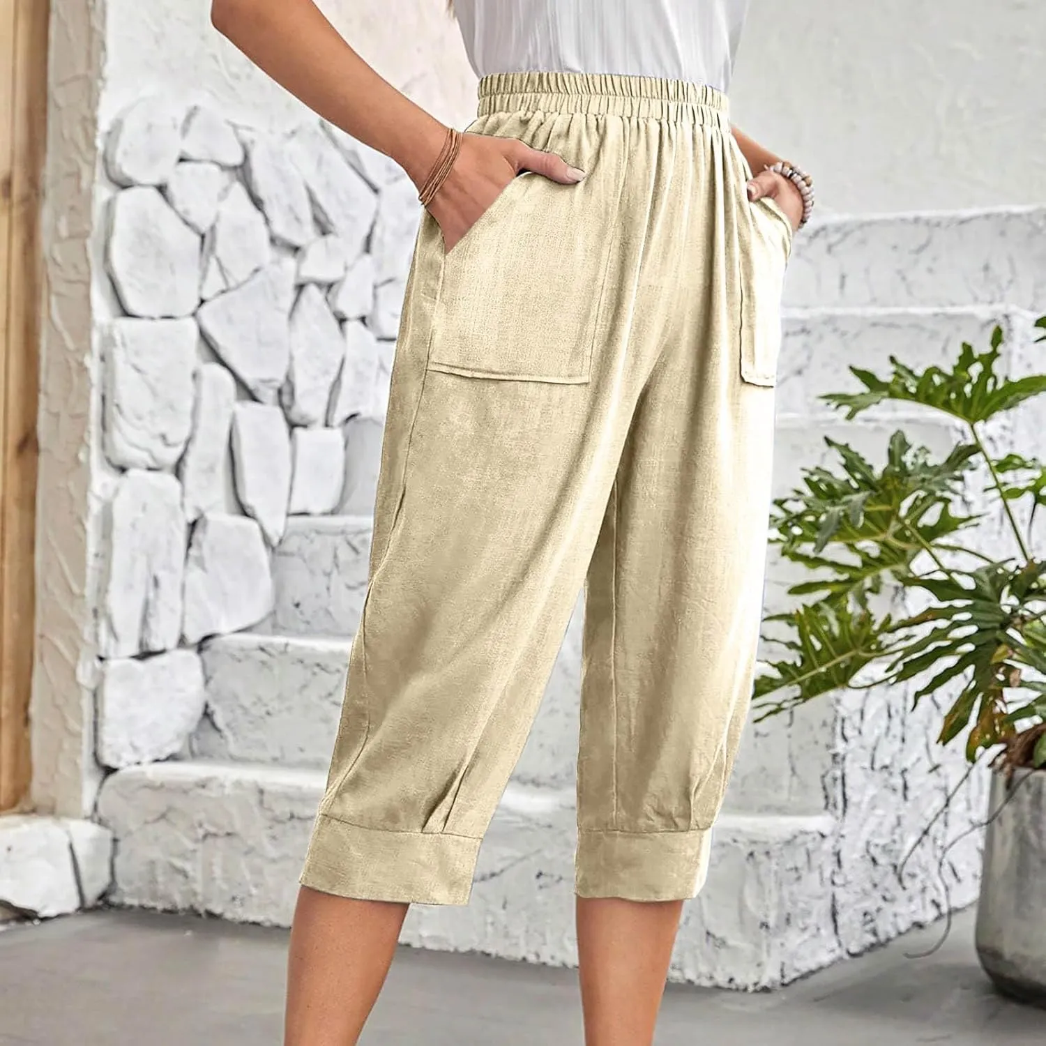 Women Capri Pants Fashion Casual Color Elastic Loose Pants Straight Wide Leg Trousers Vacation Outfits for Women