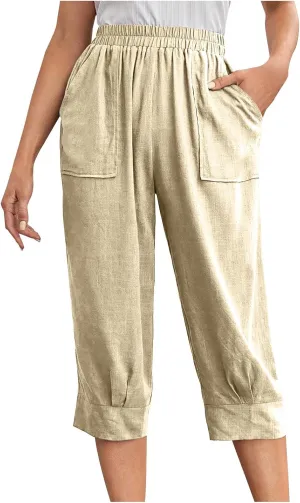 Women Capri Pants Fashion Casual Color Elastic Loose Pants Straight Wide Leg Trousers Vacation Outfits for Women