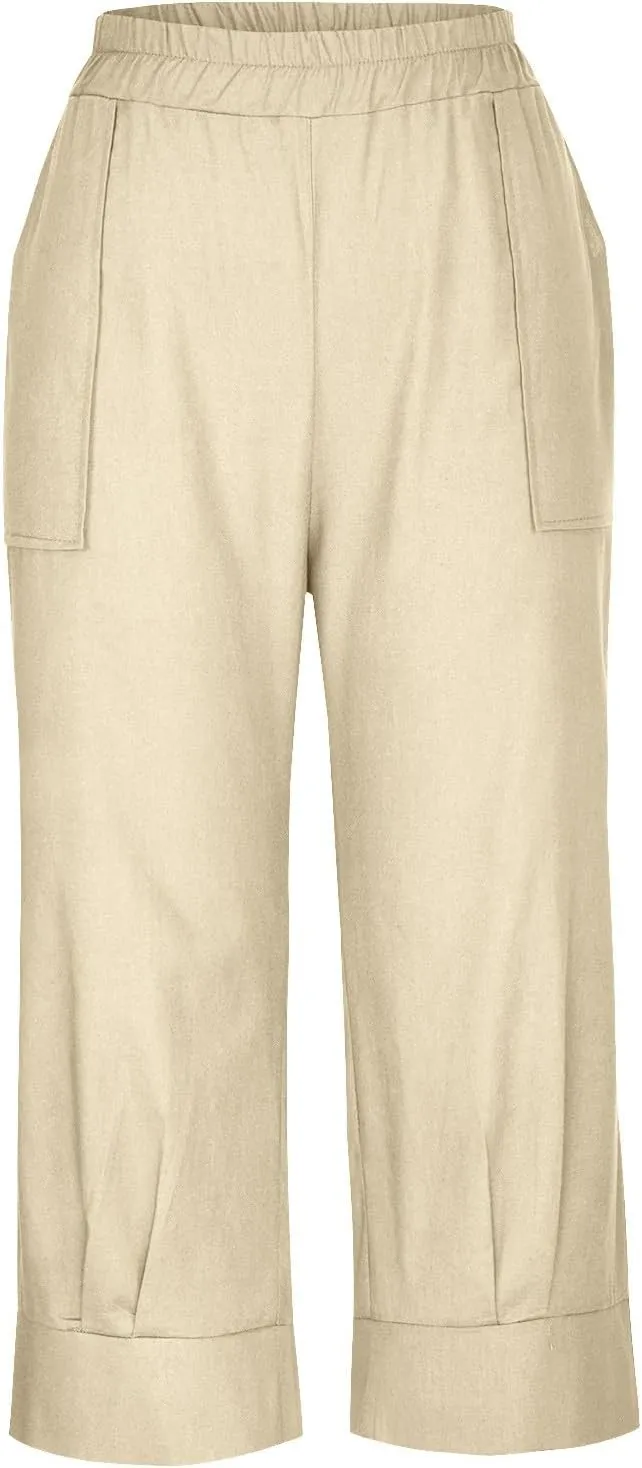 Women Capri Pants Fashion Casual Color Elastic Loose Pants Straight Wide Leg Trousers Vacation Outfits for Women