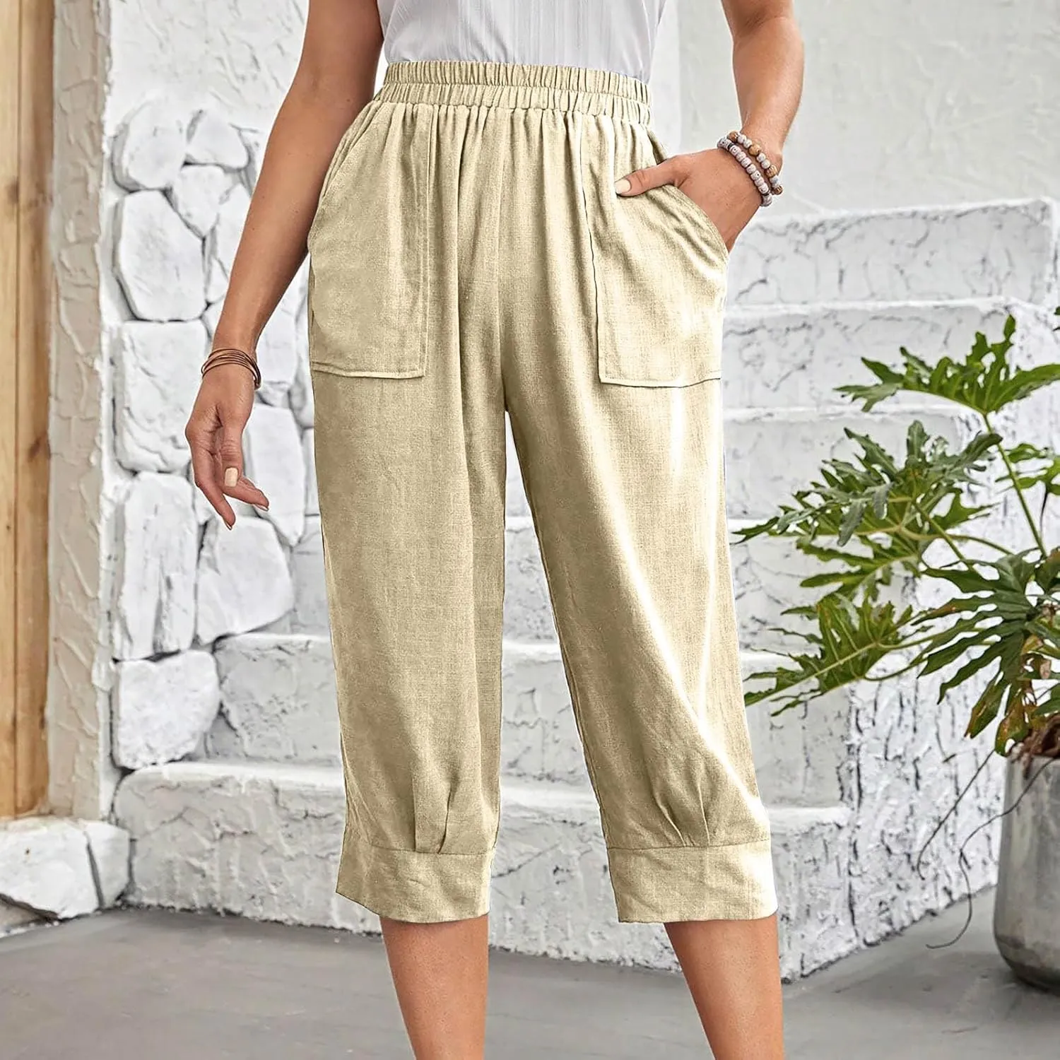 Women Capri Pants Fashion Casual Color Elastic Loose Pants Straight Wide Leg Trousers Vacation Outfits for Women
