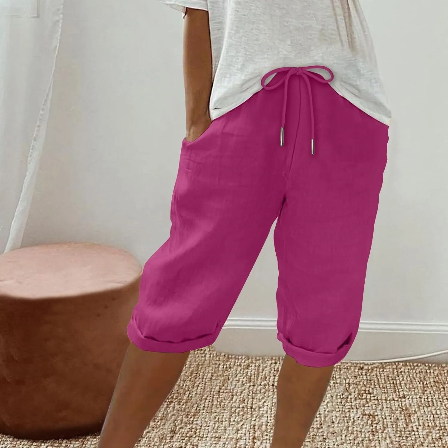 Women Capri Pants Summer Linen Drawstring Elastic Waisted Striped Shorts 2025 Trendy Knee Length Casual Beach Pant