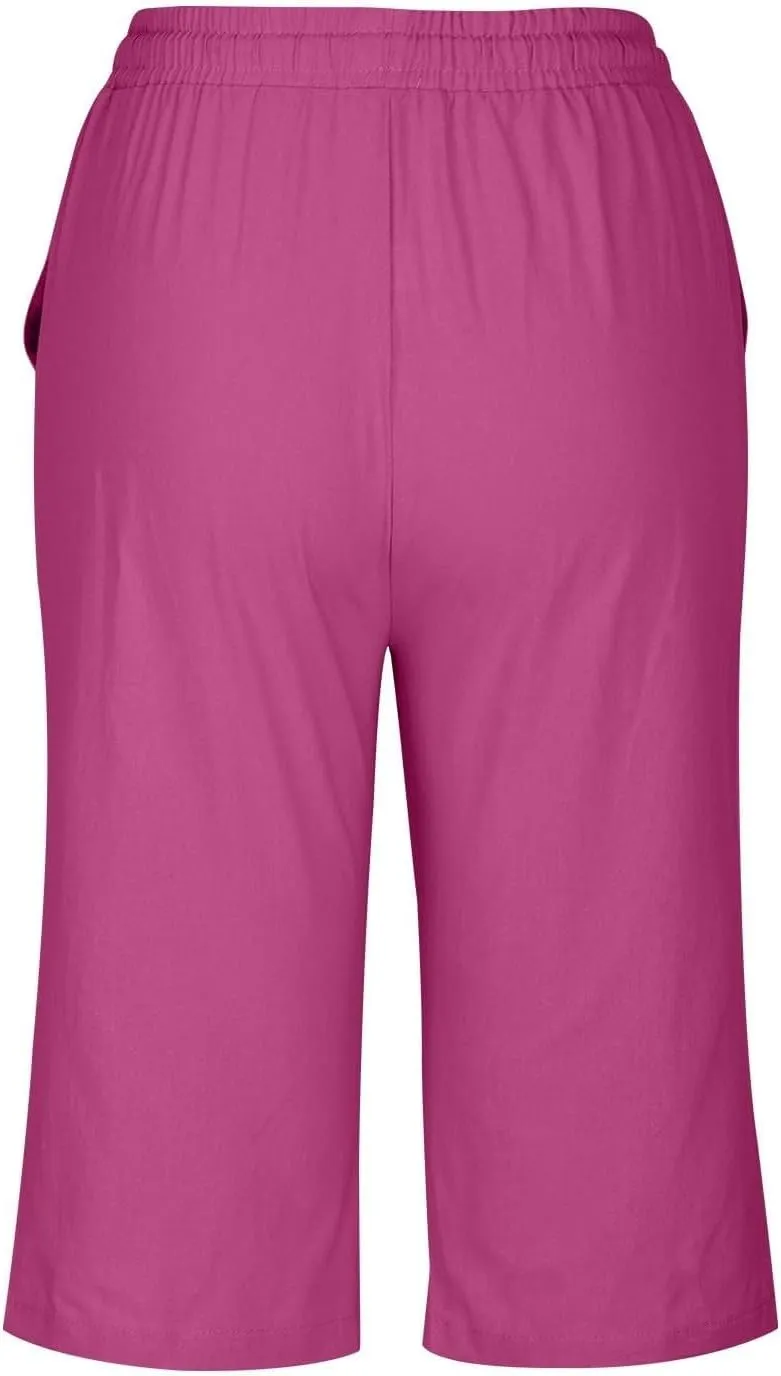 Women Capri Pants Summer Linen Drawstring Elastic Waisted Striped Shorts 2025 Trendy Knee Length Casual Beach Pant