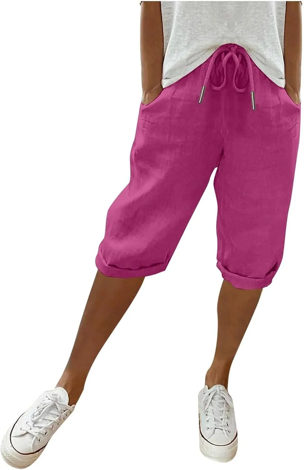 Women Capri Pants Summer Linen Drawstring Elastic Waisted Striped Shorts 2025 Trendy Knee Length Casual Beach Pant