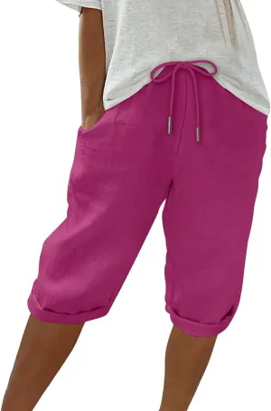 Women Capri Pants Summer Linen Drawstring Elastic Waisted Striped Shorts 2025 Trendy Knee Length Casual Beach Pant