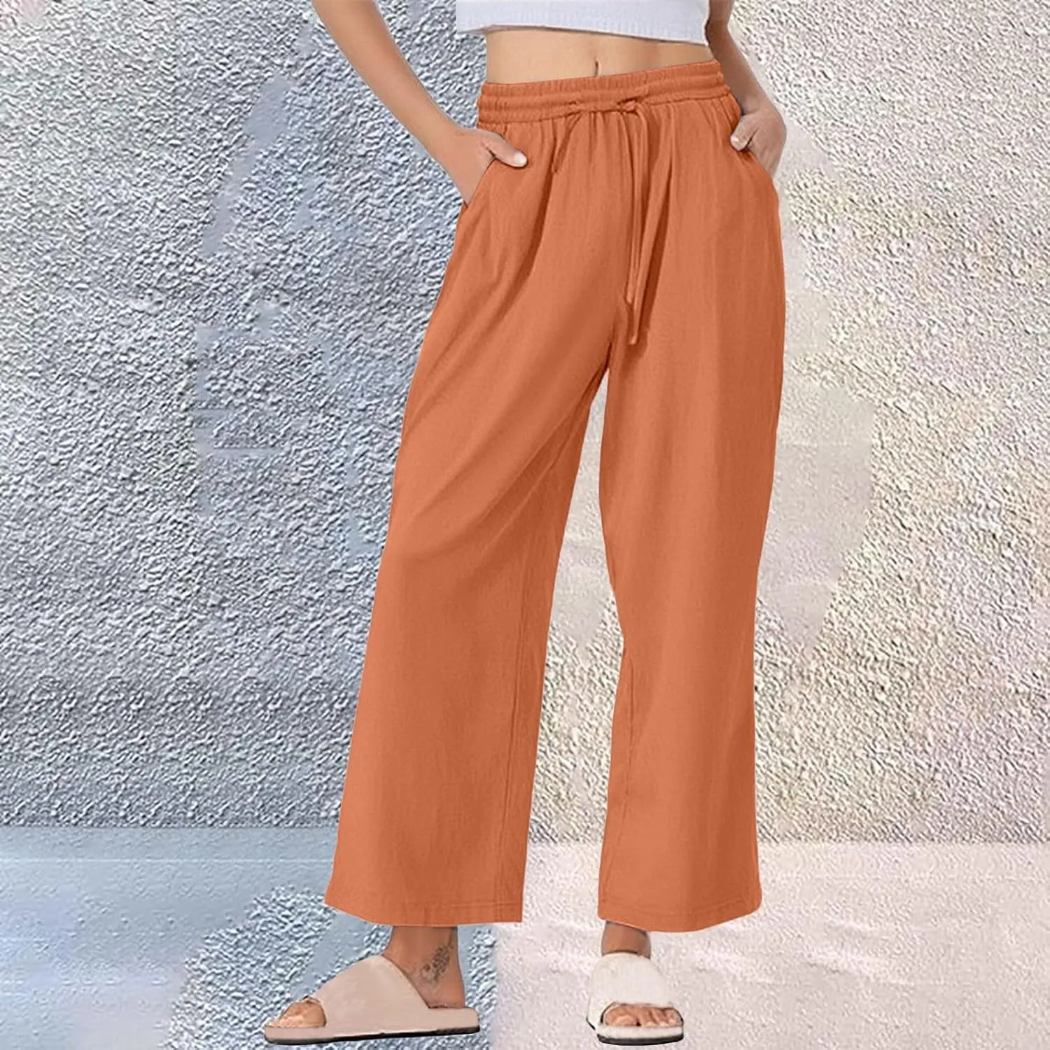 Women Casual Cotton Linen Pants Summer Drawstring Elastic Waist Solid Plus Size Lounge Long Jogger Trouser with Pocket