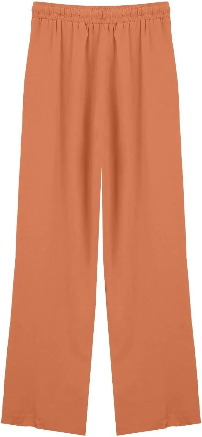Women Casual Cotton Linen Pants Summer Drawstring Elastic Waist Solid Plus Size Lounge Long Jogger Trouser with Pocket