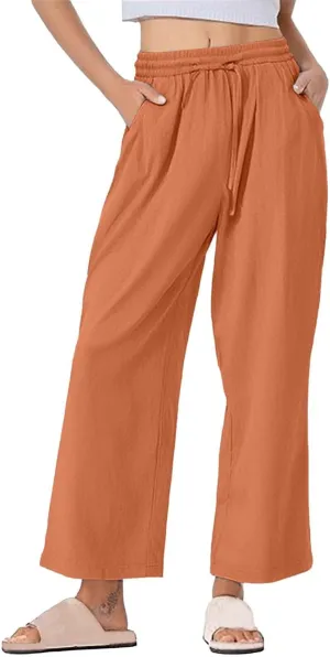 Women Casual Cotton Linen Pants Summer Drawstring Elastic Waist Solid Plus Size Lounge Long Jogger Trouser with Pocket