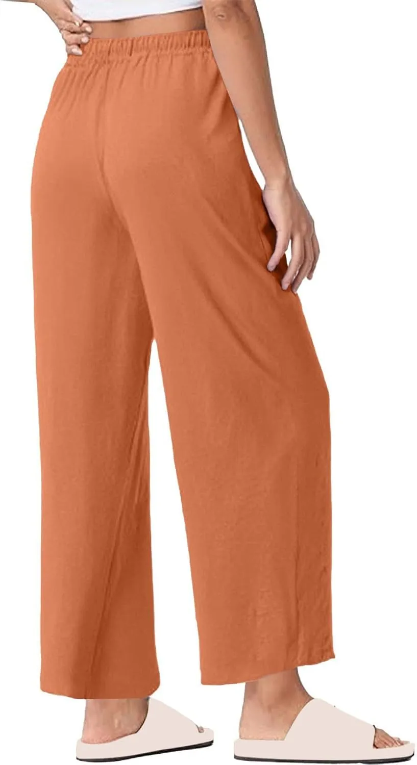 Women Casual Cotton Linen Pants Summer Drawstring Elastic Waist Solid Plus Size Lounge Long Jogger Trouser with Pocket