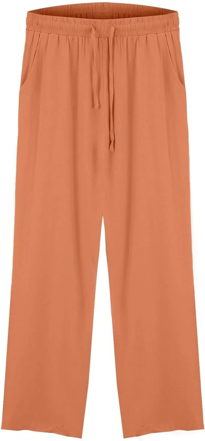 Women Casual Cotton Linen Pants Summer Drawstring Elastic Waist Solid Plus Size Lounge Long Jogger Trouser with Pocket