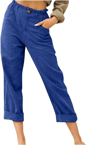 Women Cotton Linen Cropped Pants for Summer Pull on Elastic High Waisted Trouser Lightweight Dressy Outfit