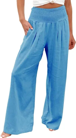 Women Cotton Linen Palazzo Pants Summer High Waist Wide Leg Lounge Slacks Boho Beach Flowy Long Trousers with Pockets