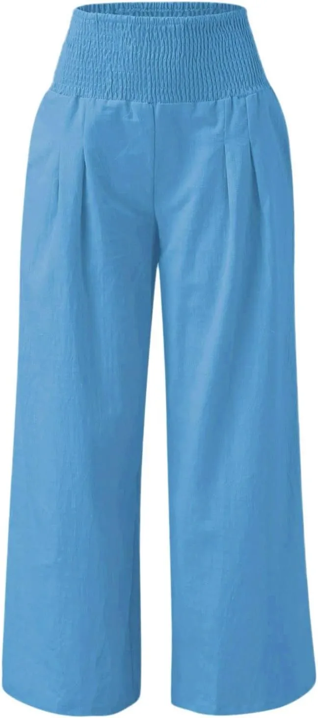 Women Cotton Linen Palazzo Pants Summer High Waist Wide Leg Lounge Slacks Boho Beach Flowy Long Trousers with Pockets