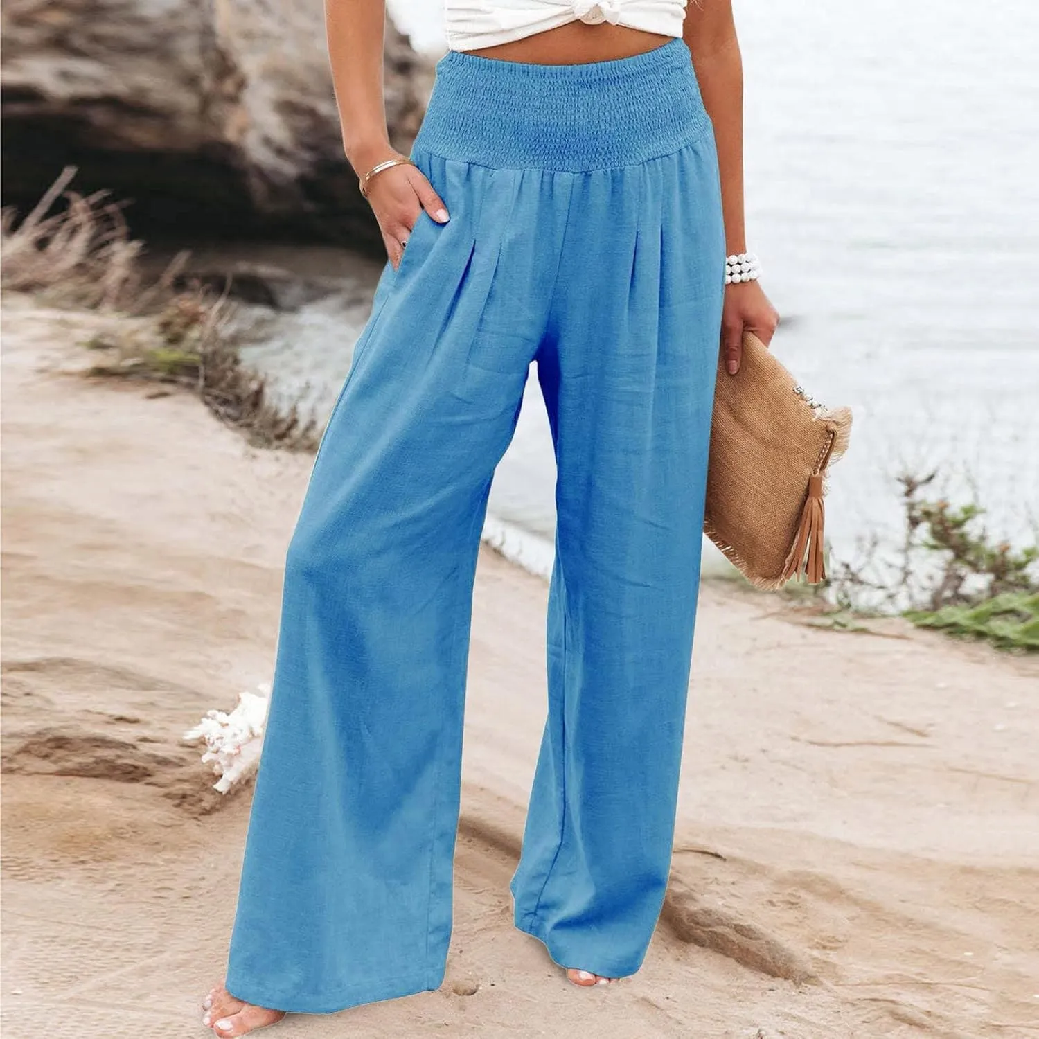 Women Cotton Linen Palazzo Pants Summer High Waist Wide Leg Lounge Slacks Boho Beach Flowy Long Trousers with Pockets