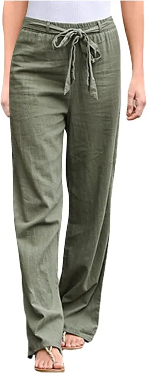 Women Cotton Linen Summer Comfy Pant Trousers Elastic Waist Baggy Stretchy Slim Fit Palazzo Lounge Pants Trendy