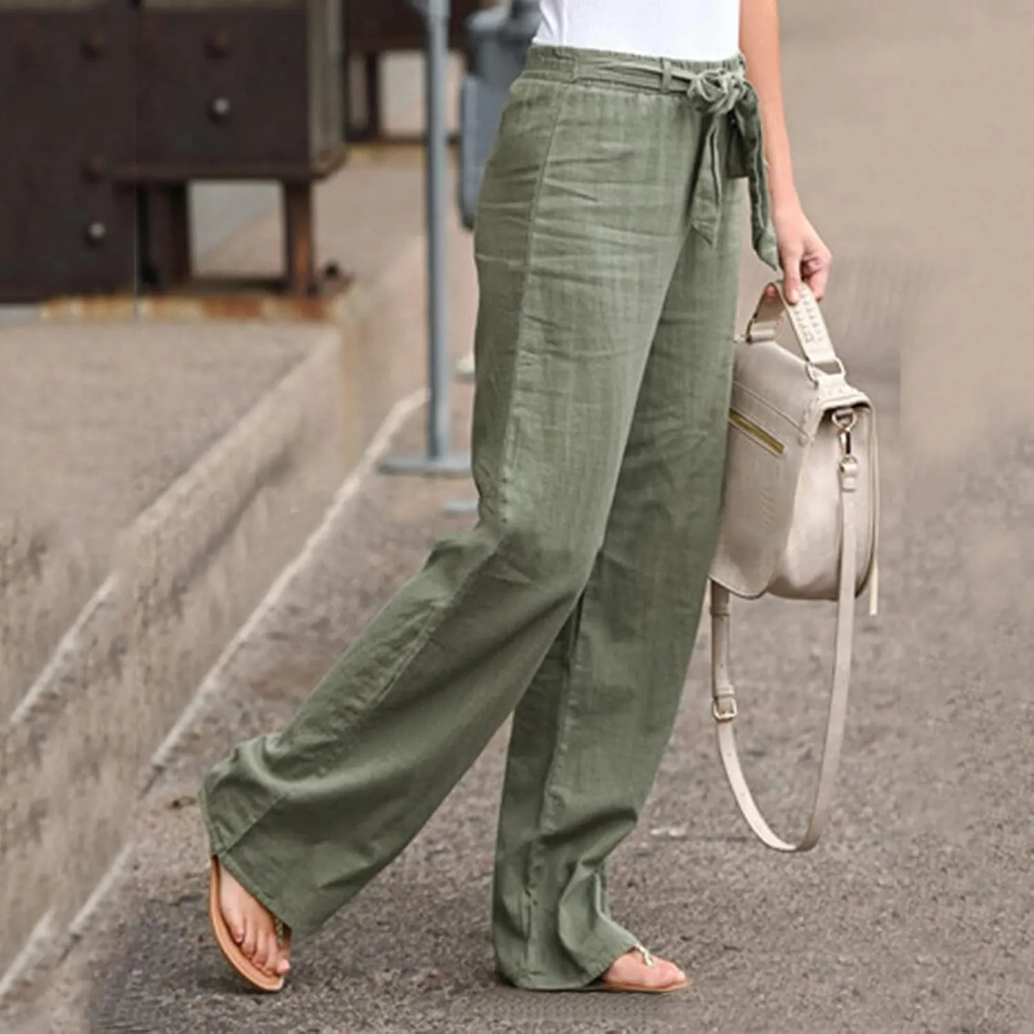 Women Cotton Linen Summer Comfy Pant Trousers Elastic Waist Baggy Stretchy Slim Fit Palazzo Lounge Pants Trendy