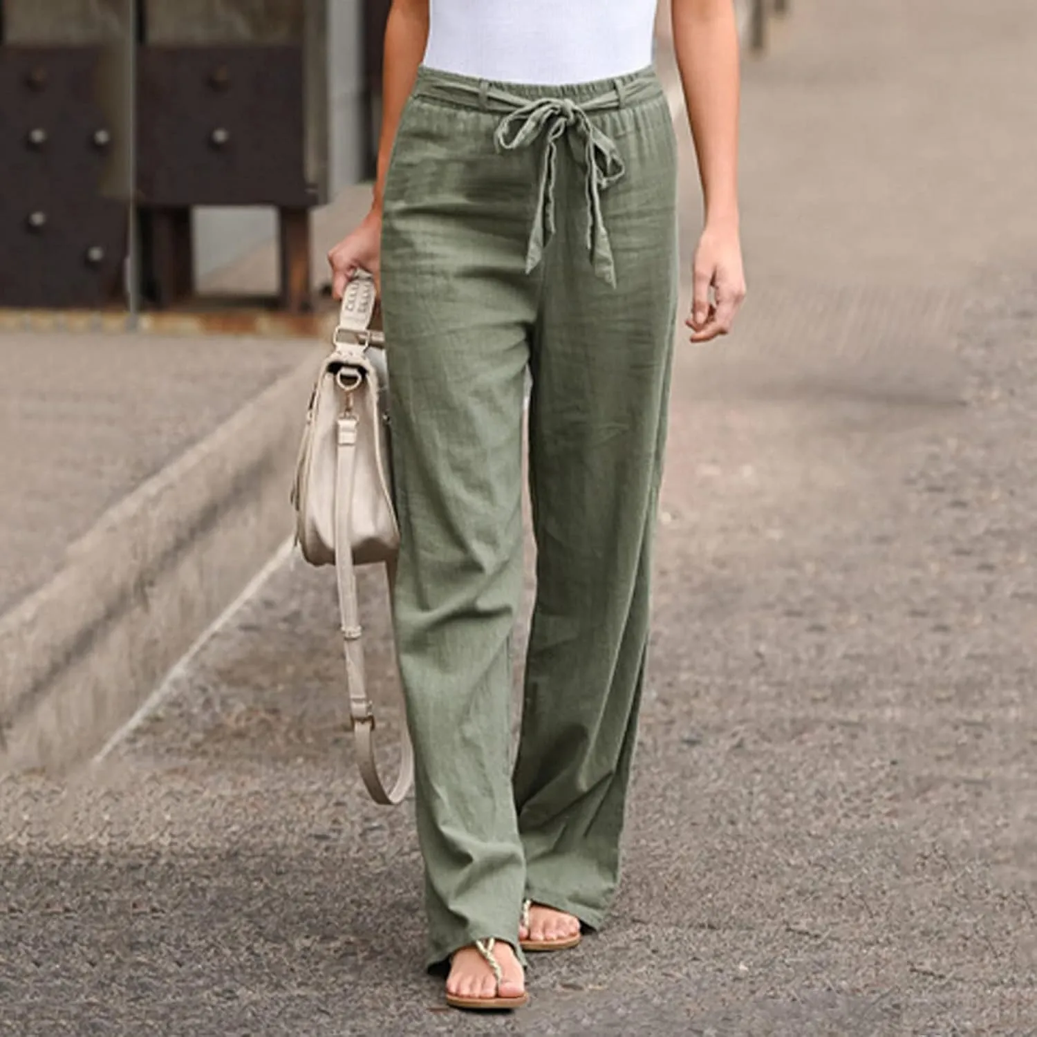 Women Cotton Linen Summer Comfy Pant Trousers Elastic Waist Baggy Stretchy Slim Fit Palazzo Lounge Pants Trendy