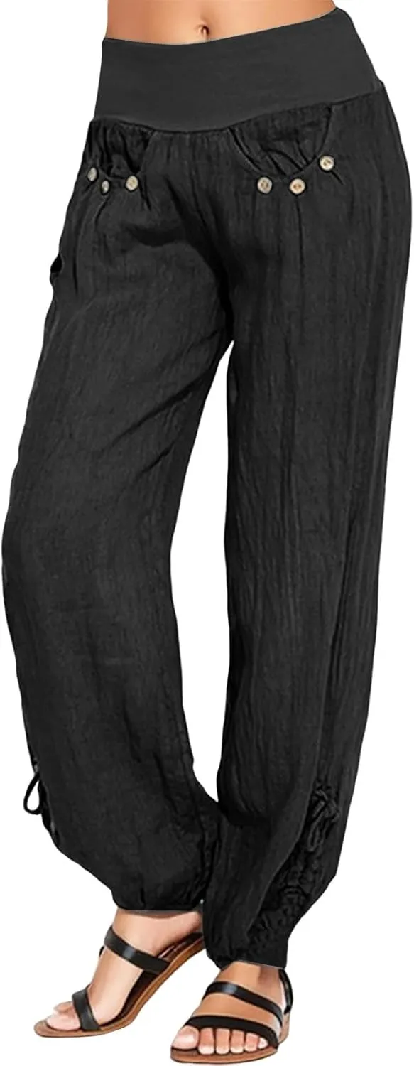 Women Cotton Linen Summer Flowy Pant Trousers High Waist Ankle Length Plus Size Trouser Business Work