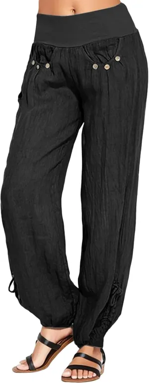 Women Cotton Linen Summer Flowy Pant Trousers High Waist Ankle Length Plus Size Trouser Business Work