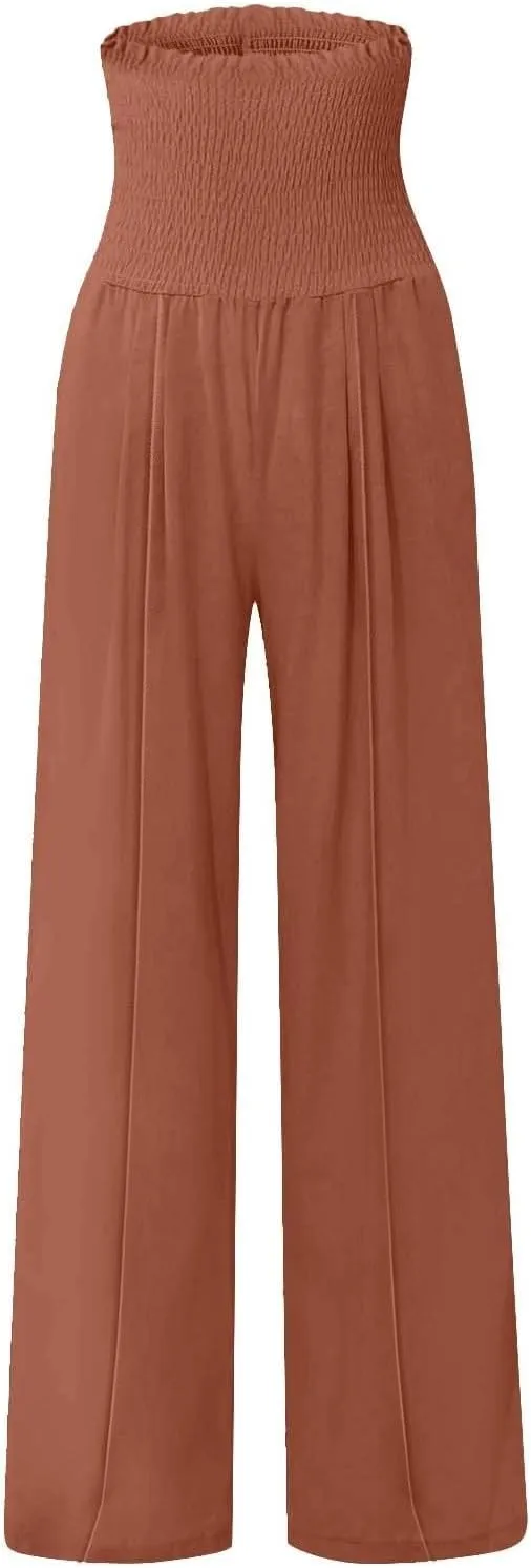 Women Cotton Linen Summer Printed Palazzo Pants High Waist Wide Leg Slim-Fit Trouser Work Business