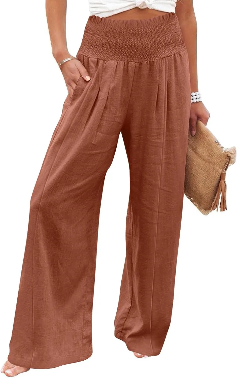 Women Cotton Linen Summer Printed Palazzo Pants High Waist Wide Leg Slim-Fit Trouser Work Business