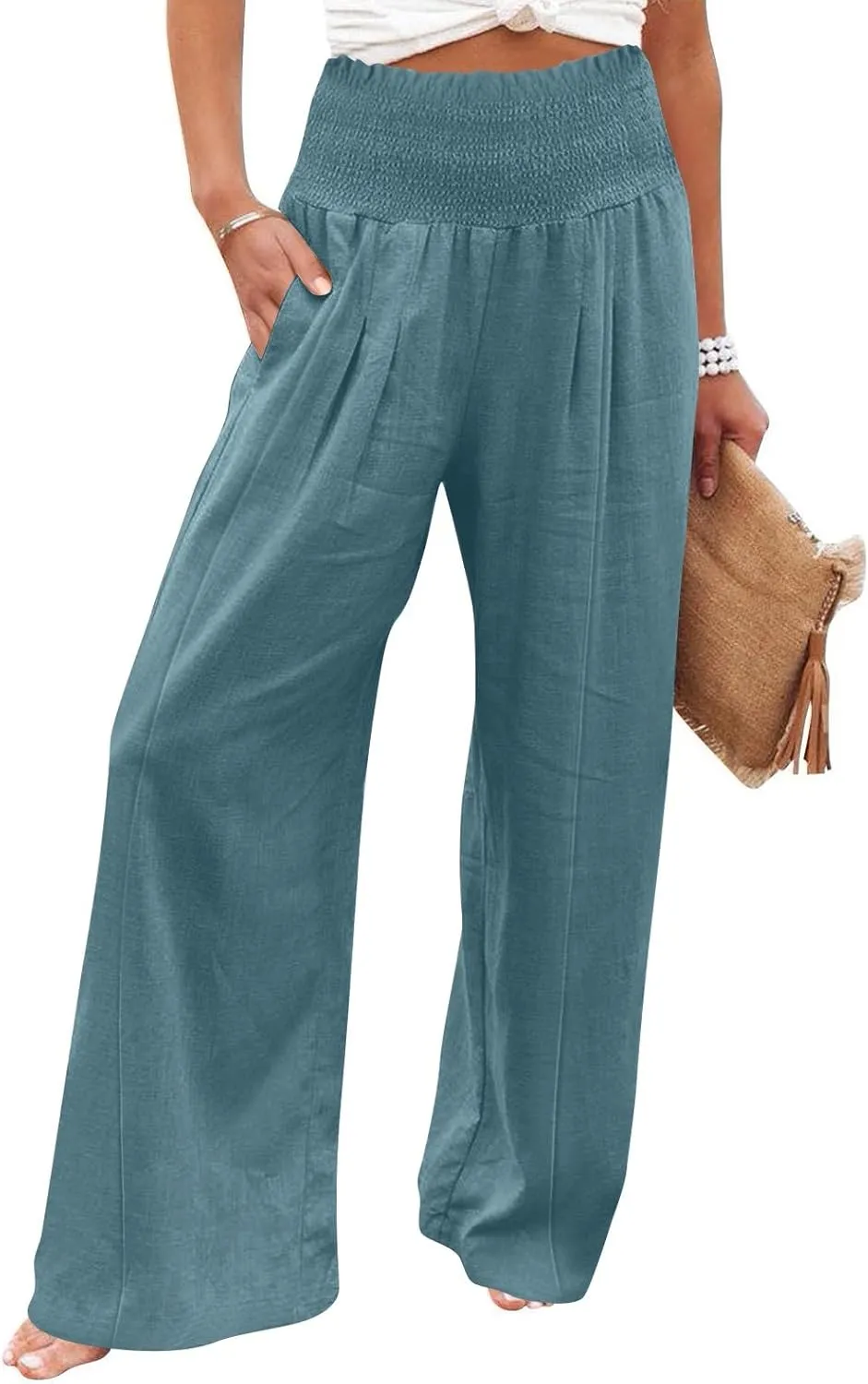 Women Cotton Linen Summer Printed Palazzo Pants High Waist Wide Leg Slim-Fit Trouser Work Business