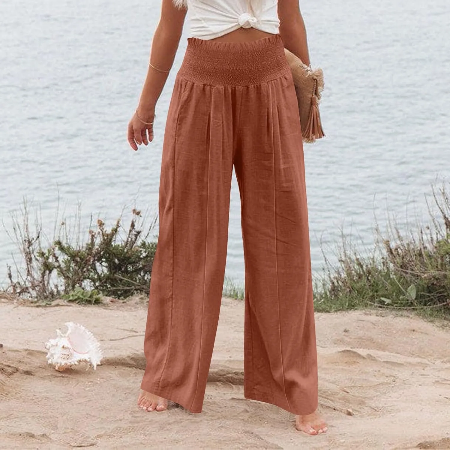 Women Cotton Linen Summer Printed Palazzo Pants High Waist Wide Leg Slim-Fit Trouser Work Business