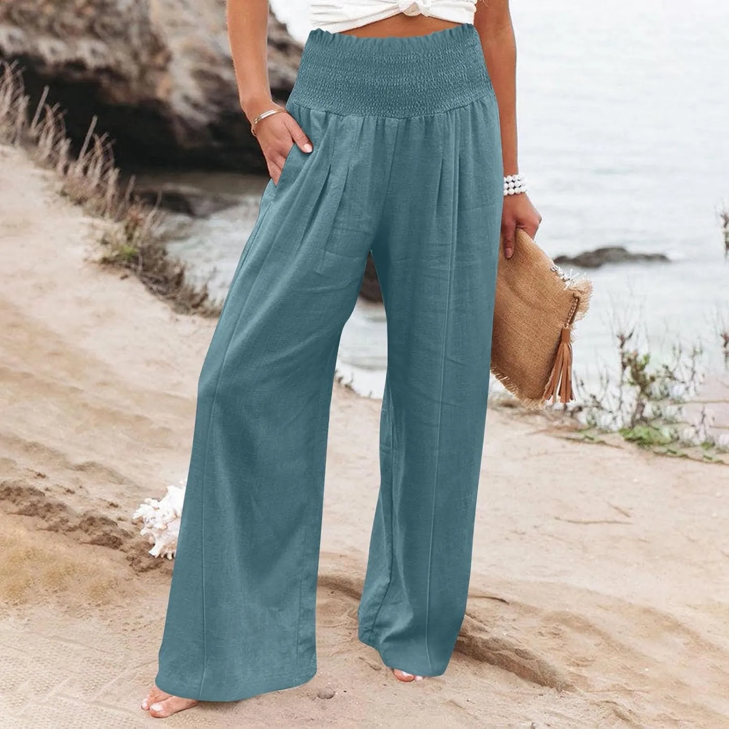 Women Cotton Linen Summer Printed Palazzo Pants High Waist Wide Leg Slim-Fit Trouser Work Business