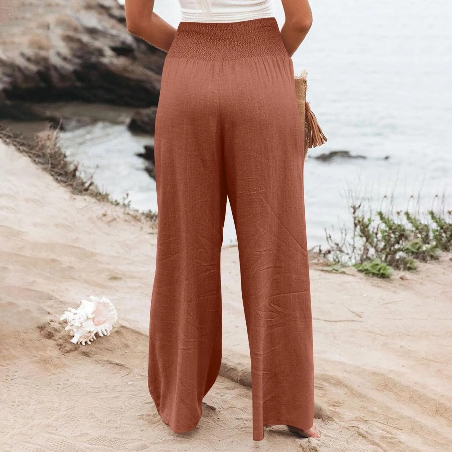 Women Cotton Linen Summer Printed Palazzo Pants High Waist Wide Leg Slim-Fit Trouser Work Business