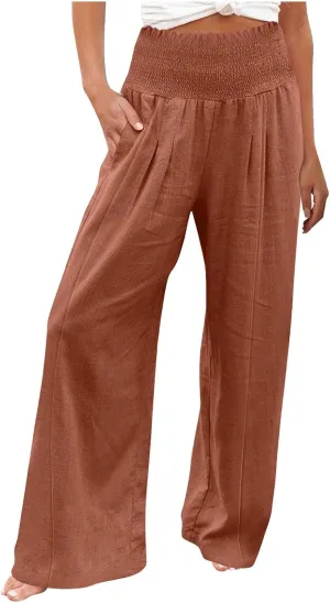 Women Cotton Linen Summer Printed Palazzo Pants High Waist Wide Leg Slim-Fit Trouser Work Business